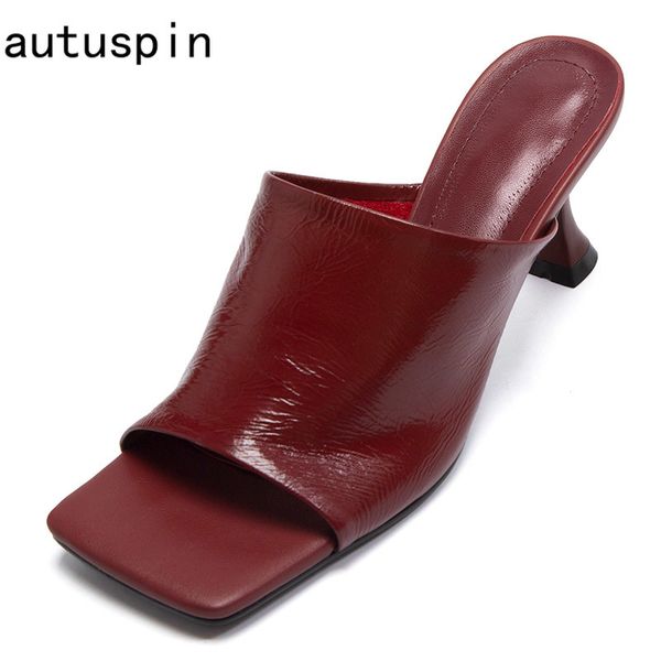 

atutuspin summer women kitten heels genuine leather high heel slides 2020 quality female stilettos party basic shoes 8cm, Black