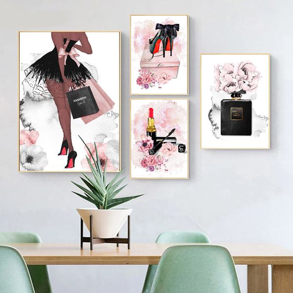 

fashion girl wall art print perfume poster painting high heels makeup art print pink rose flower wall pictures for bedroom decor
