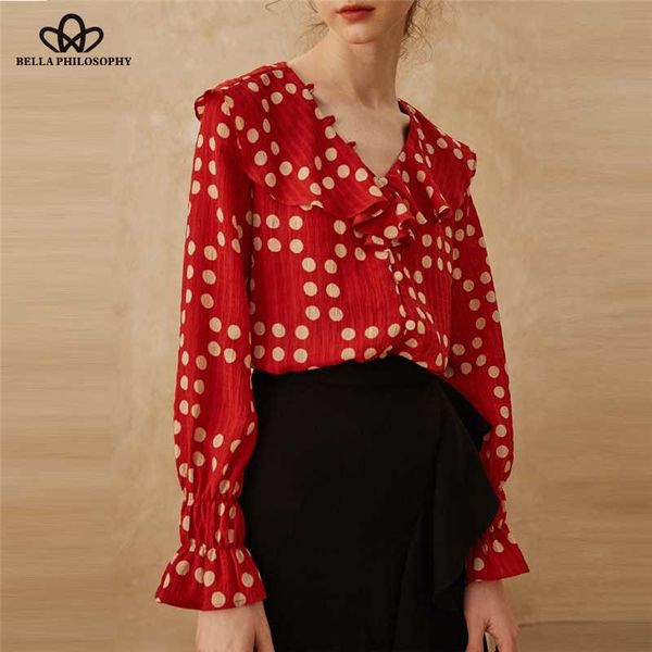 

women's blouses & shirts hstar polka dot print short women 2021 fashion v neck ruffle buttons ladies casual blusas mujer, White