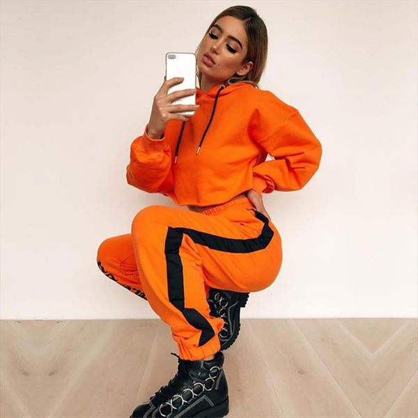 

orange women two piece set long sleeve hooded crop loose long harem pants autumn casual streetwear tracksuit 2 pcs outfits, Gray