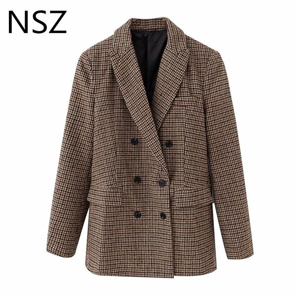 

women's suits & blazers nsz women houndstooth tweed blazer wool blend office ladies formal work suit jacket plaid coat double breasted, White;black