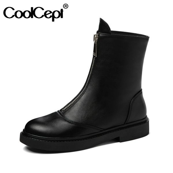 

coolcept size 34-43 women half short boots zipper flat heel woman short boots fashion casual winter shoes ladies footwear, Black