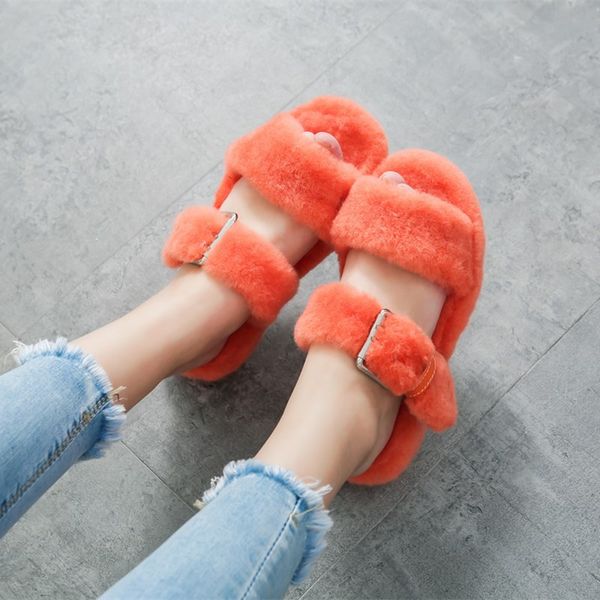 

2020 summer new women's sandals furry adjustable buckle natural shearing fur slipper wool heightening shoes wear outside, Black