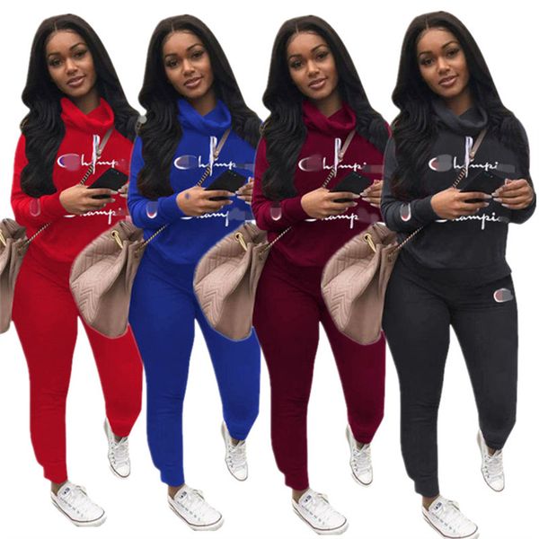 

women champ letter tracksuit long sleeve turtleneck hoodies sweatshirt + pants 2 piece set autumn winter outfits fashion sportswear suit 3xl, White