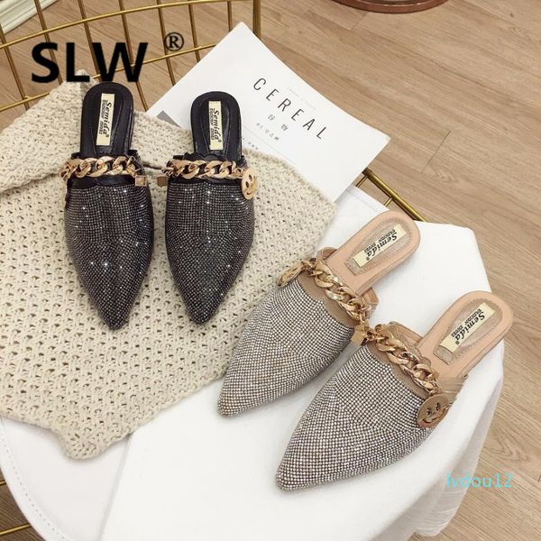 

slipper ssmiling face pointed toe mules woman metal chain decorate casual spring shoes party dress shoes woman fashion slides, Black