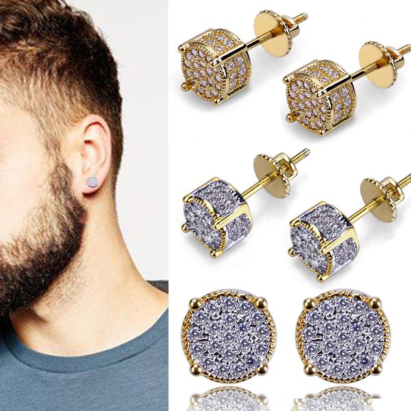 

new 18k gold hiphop cz zircon round stud earrings 0.7cm for men women and girls gifts diamond earrings studs rock rapper jewelry wholesale, Golden;silver