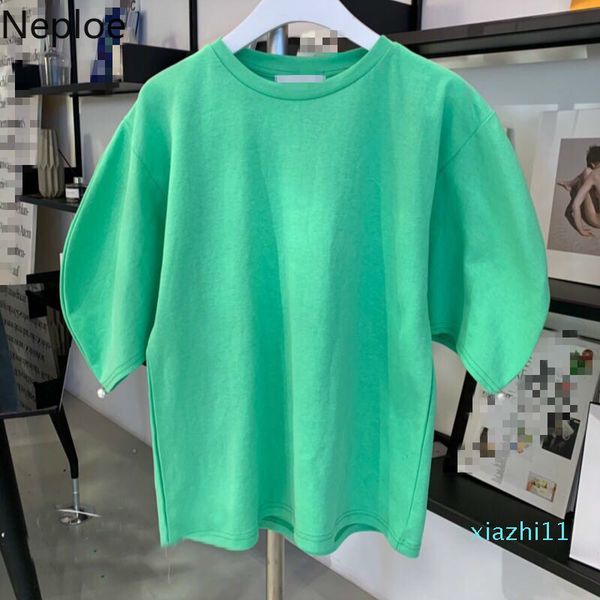 

neploe pearl decor t shirts women summer 2020 solid o neck short lantern sleeve ladies tees loose casual female, White