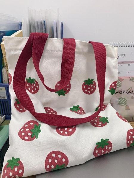 

women's cute fruit cotton canvas large shoulder tote bag with interior pocket