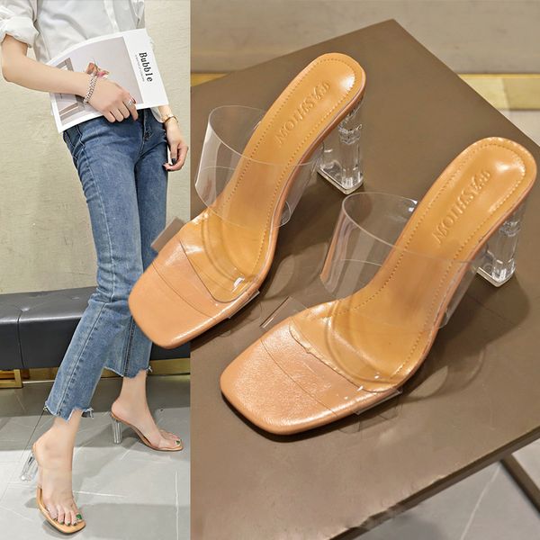

women shoes 2020 brand summer transparent pvc sandal crystal high-heeled women slippers open toe square heel slipper, Black