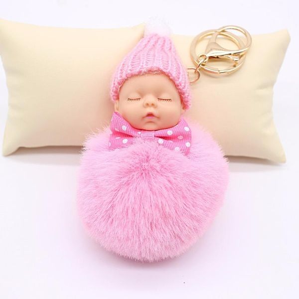 

zoeber sleeping baby doll keychain pompom women key holder bag pendant fur ball key chain car keyring charm accessories, Silver