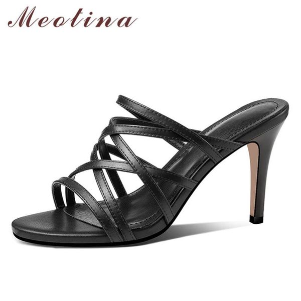 

meotina women slippers high heel shoes narrow band natural genuine leather slides ladies sandals thin high heels summer black