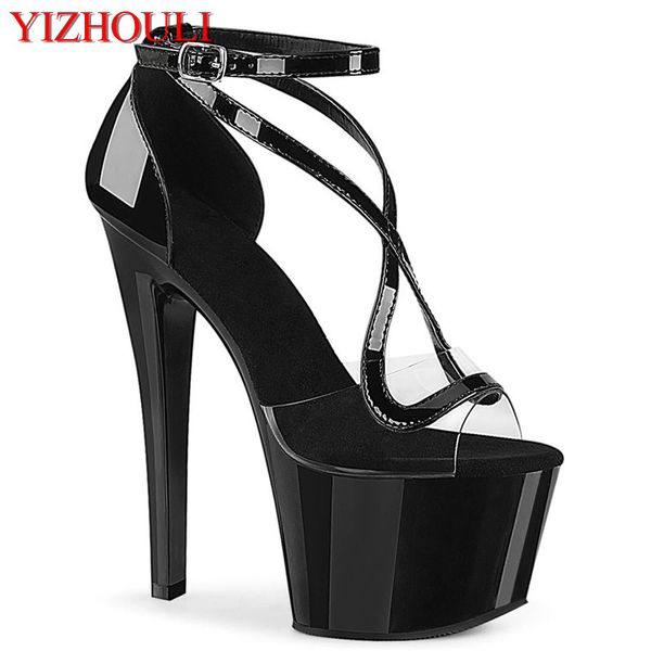 

summer high-heeled open-toe transparent, 17cm stiletto heels, 7-inch pole dancing model runway sandals, Black