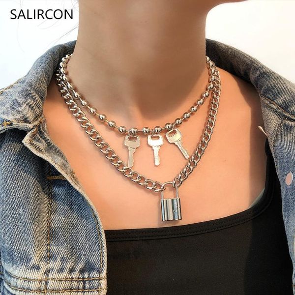 

salircon punk key lock pendant necklaces multi style silver color cuban link chain chunny choker necklace for women jewelry gift