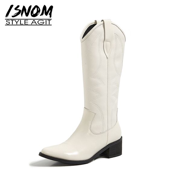 

isnom 2020 new arrival knee high boots western chunky heel autumn winter boot embroider shoes woman genuine leather shoes, Black
