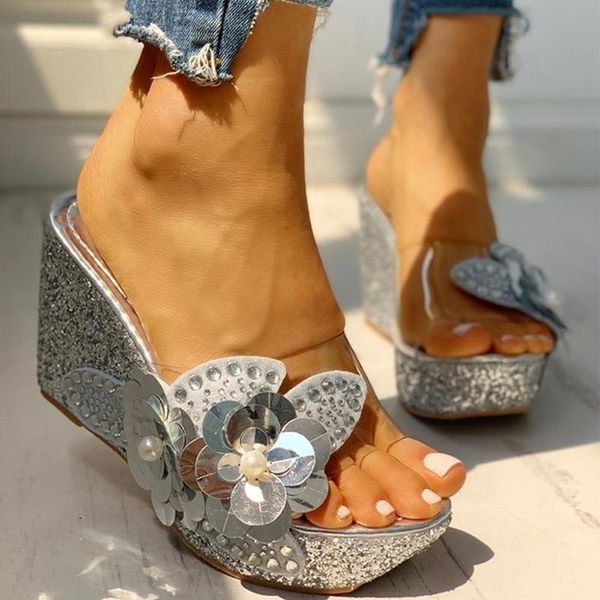

summer wedge sandals women casual high heels shoes women rhinestone sequins flowers transparent thick-bottomed wedge sandals new, Black
