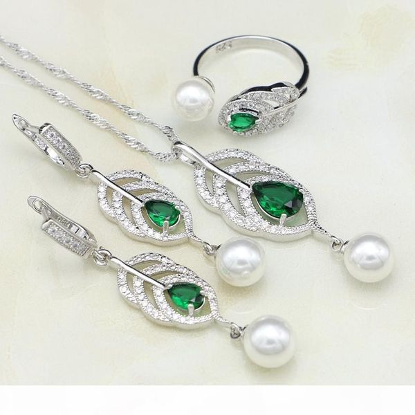 

925 silver jewelry sets natural green cubic zirconia white pearl for women drop earrings ring pendant necklace set