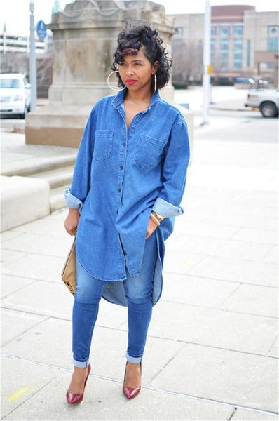 

shirts solid color autumn casual loose long sleeved lapel neck long shirts womens fashion shirts womens designer denim, White