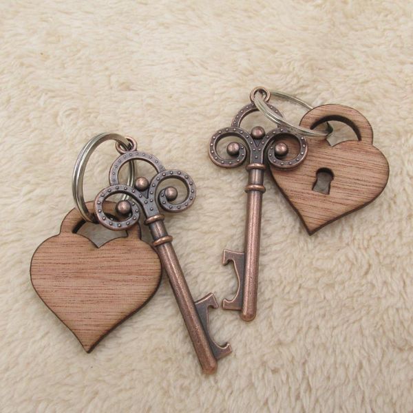 

wooden engraved key and lock shape bottle opener keychain key ring wedding party favors, Silver