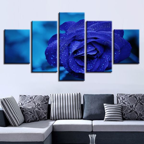 

5 pieces beautiful blue rose art pictures living room posters home decoration background wall hanging picture frameless decor