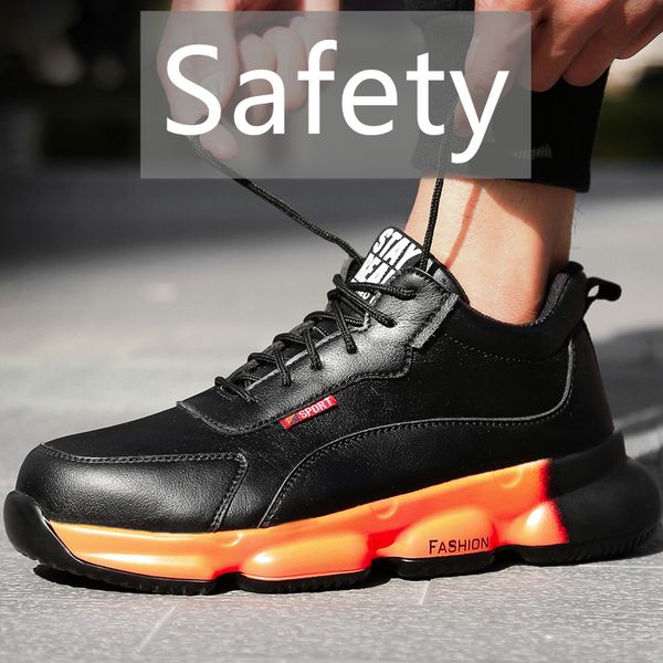 

steel toe work safety shoes for men breathable non-slip leather boots anti-smashing construction safety work sneakers, Black