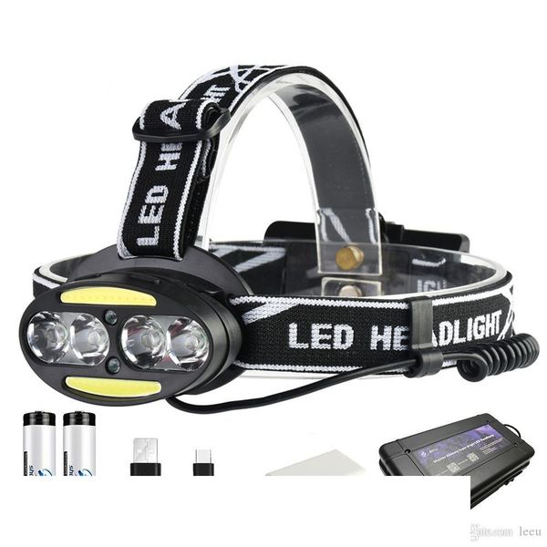 

Super bright LED headlamp 4 x T6 + 2 x COB + 2 x Red LED 15000 lumens led headlight 7 lighting modes with batteries charger