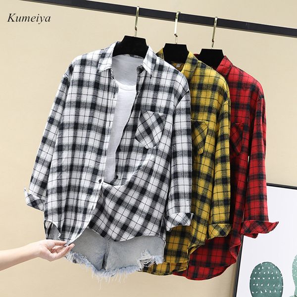 

new women plaid blouses long sleeve shirts retro cotton loose checked shirt casual female casual autumn outwear, White
