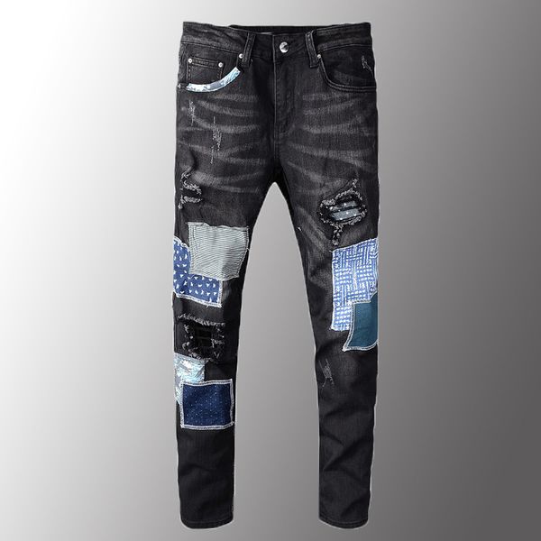 

new mens jeans luxury men's black patchwork ripped jeans streetwear patch design stretch denim pants slim skinny trousers, Blue