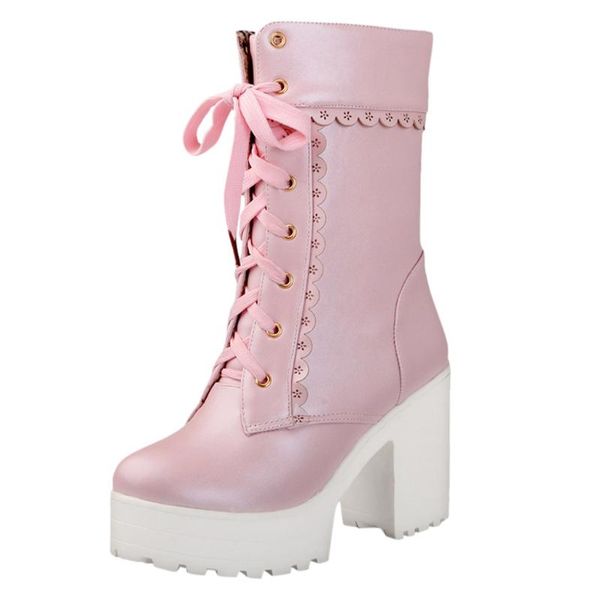 

розовый кожаный леди платформа ботинки женщин кружева tie квадратный каблук обуви сладкие высокий каблук кожа мотоцикла сапоги зима плюс раз, Black