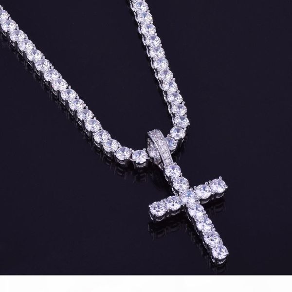 

iced out zircon cross pendant with 4mm tennis chain necklace set men's hip hop jewelry gold silver cz pendant necklace