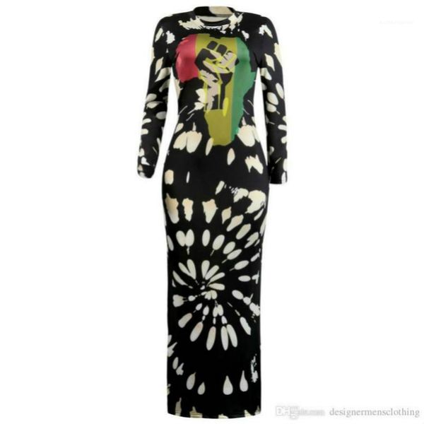 

long sleeve split printed dress o-neck lady one piece street female clothes women club dresses, Black;gray