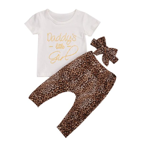 

6m-3y infant kids baby girl short sleeve letter print cotton t-shirt leopard harem long pant headband 3pcs girls clothes, White