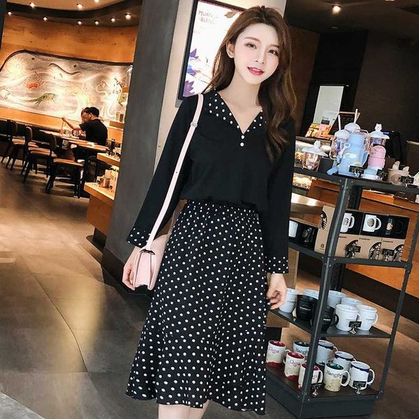 

casual dresses 2021 spring dress for fat female plus size vintage dot 4xl 5xl women black lapel slim two piece party midi, Black;gray
