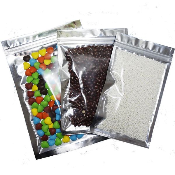 7X13cm Argento Traslucido Placcatura Foglio di Alluminio Cerniera Mylar Pouch, 200pcs Sacchetti con Zip Risigillabili Parte Anteriore Trasparente Metallica