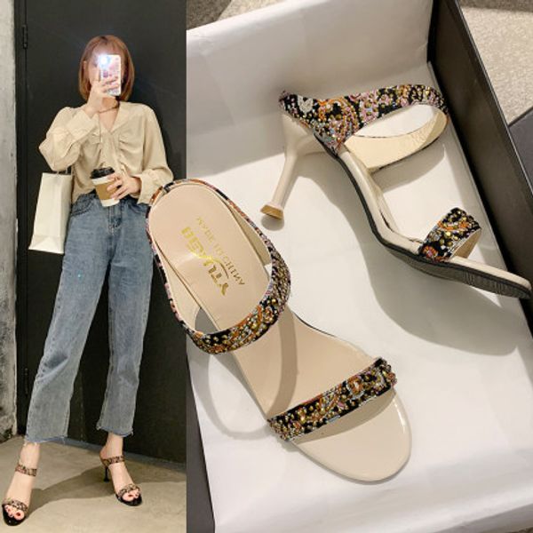 

sandals and slippers women's sense of rhinestone word drag 2020 summer new style wear open toe fine heel fairy high heels, Black