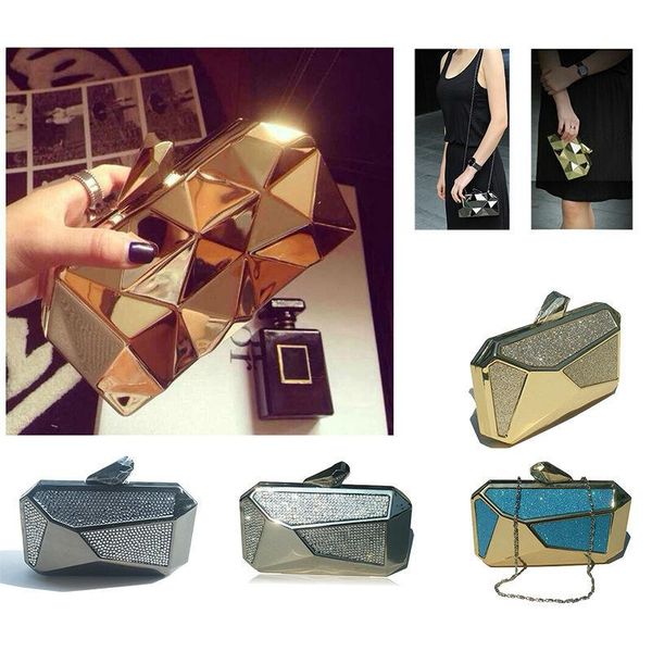 

designer-new designed metal frame rhinestone evening bag bullet clasp diamond encrusted crystal clutch box concave handbag - 13031k