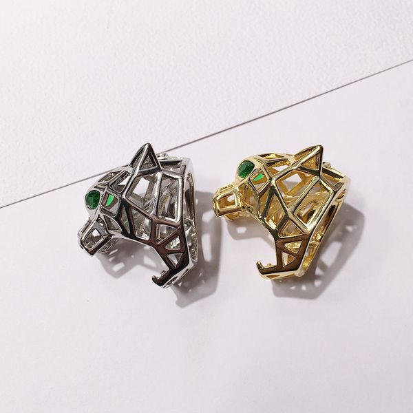 

2020 fashion accessories exquisite copper gilt hollowed-out green eye tiger leopard head opening ring jewelry womens and mens rings, Silver
