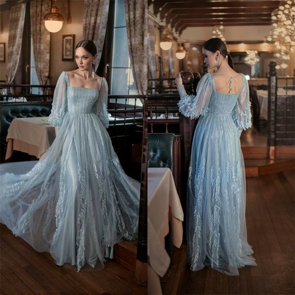 Abiti da sera eleganti Papilio maniche lunghe quadrate paillettes bling appliqued foglie abiti da festa formali abito da ballo su misura azzurro cielo