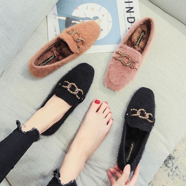 

fur flats metal chains solid winter woman shoes plush comfy casual loafers brand designer cotton shoes brief furry footwear 2020, Black