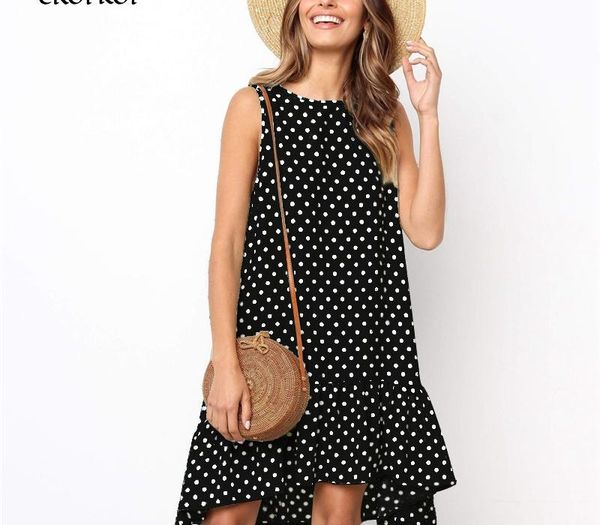 

women summer dress ruffles polka dot sleeveless mini dresses plus size casual loose black beach sundress 2020 women clothes cx200615, Black;gray