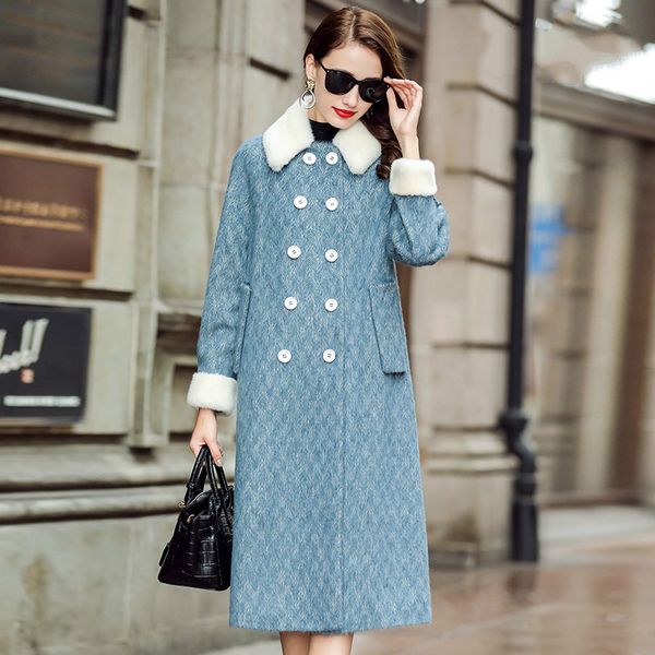 

winter coat female long wool jacket women clothes 2020 korean elegant natural collar alpaca coats double breasted 8e14, Black