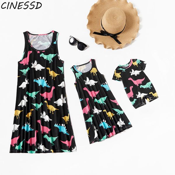 

family look dinosaur printed mother daughter dresses mommy and me clothes mom mama and baby girls matching dress family outfits, Blue
