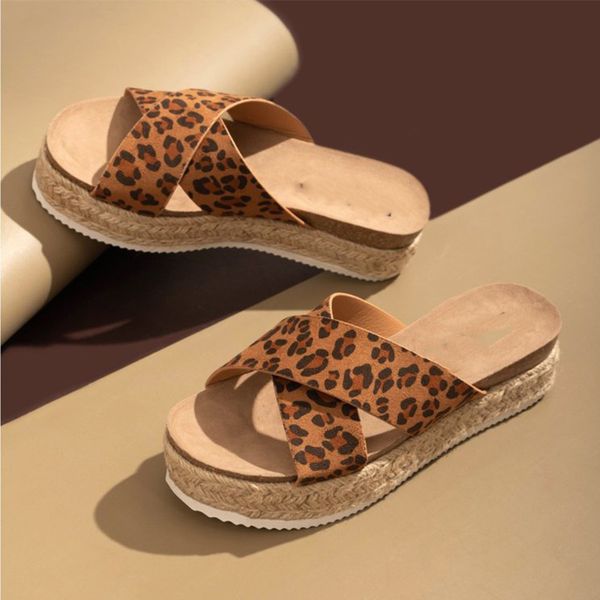 

slippers women flats platform ladies cross pu leopard female shoes summer plus size comfort 2021 casual home beach woman, Black