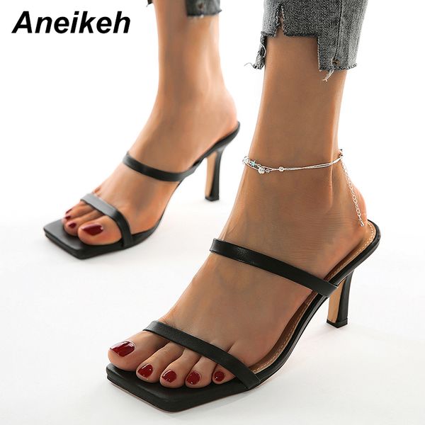 

aneikeh summer mules slides women shoes slippers shallow thin heels outside square toe black size 35-41 solid new 2020 fashion