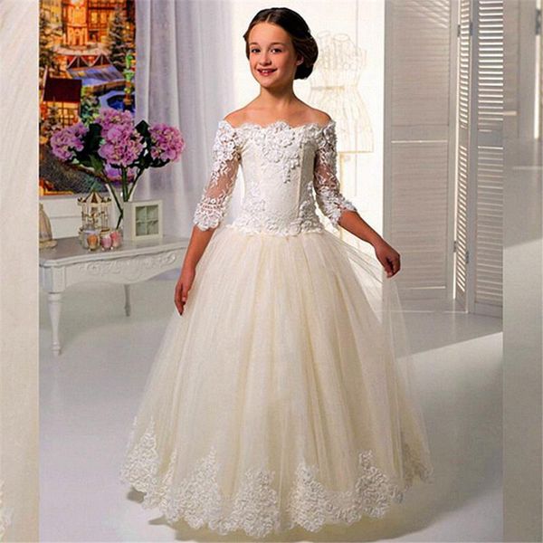 

lovely flower girl dresses lace applique half sleeve fluffy tulle ball gown floor length first holy communion pageant dresses, Red;yellow