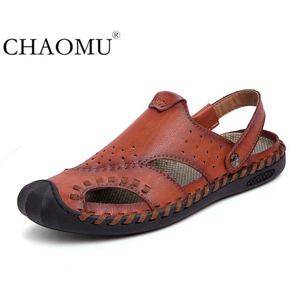 

summer sandals men's new leather leather toe caps outdoor hollow holes beach shoes soft bottom, Black