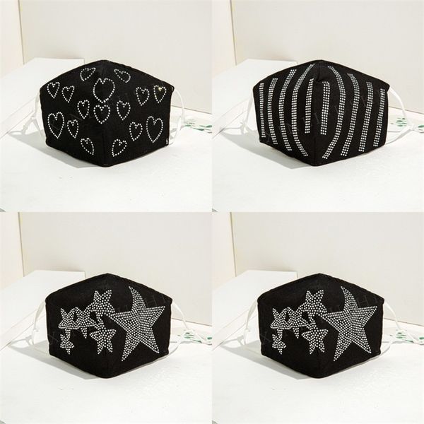 

heart rhinestone black face masks fashion reusable mascarilla washable respirator cycling kids can put filter piece 6 5xl c2