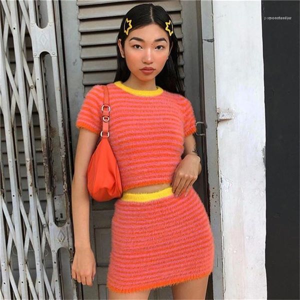 

style dress sets womens furry striped print suits summer designer vintage contrast color sweater skirt sets females sweet, White