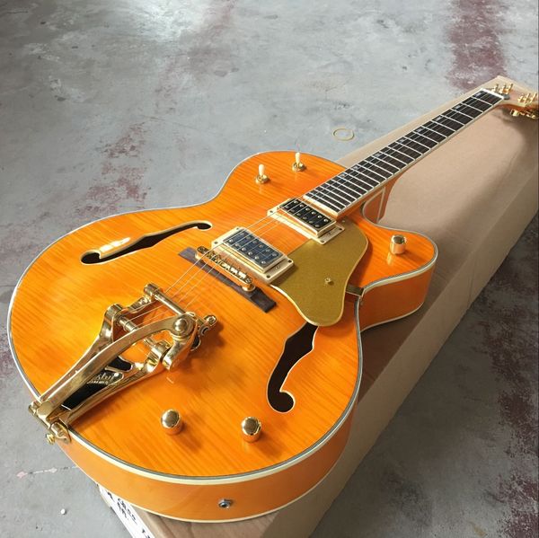 

custom shop.tiger flame standard custom electric guitar .f hollow body jazz gitaar. orange color guitarra.vibrato system