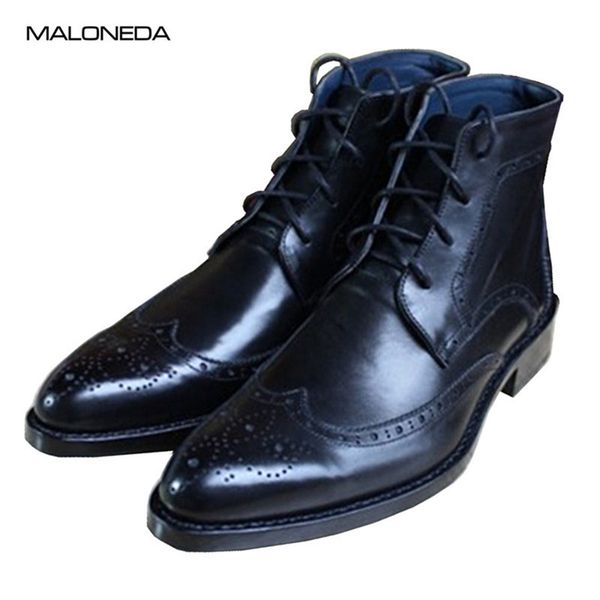 

malonede custom vintage full genuine leather brogue style ankle boots handmade formal dress short boots with goodyear welted, Black