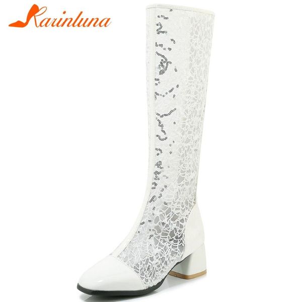 

karin girl leisure office casual high heels boots lace up round toe zipper mid calf women boots summer women shoes, Black